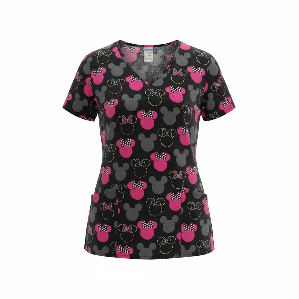 Disney Minnie Mouse Scrub Top Womens Black Pink V-Neck Cotton Medical Uniform XL